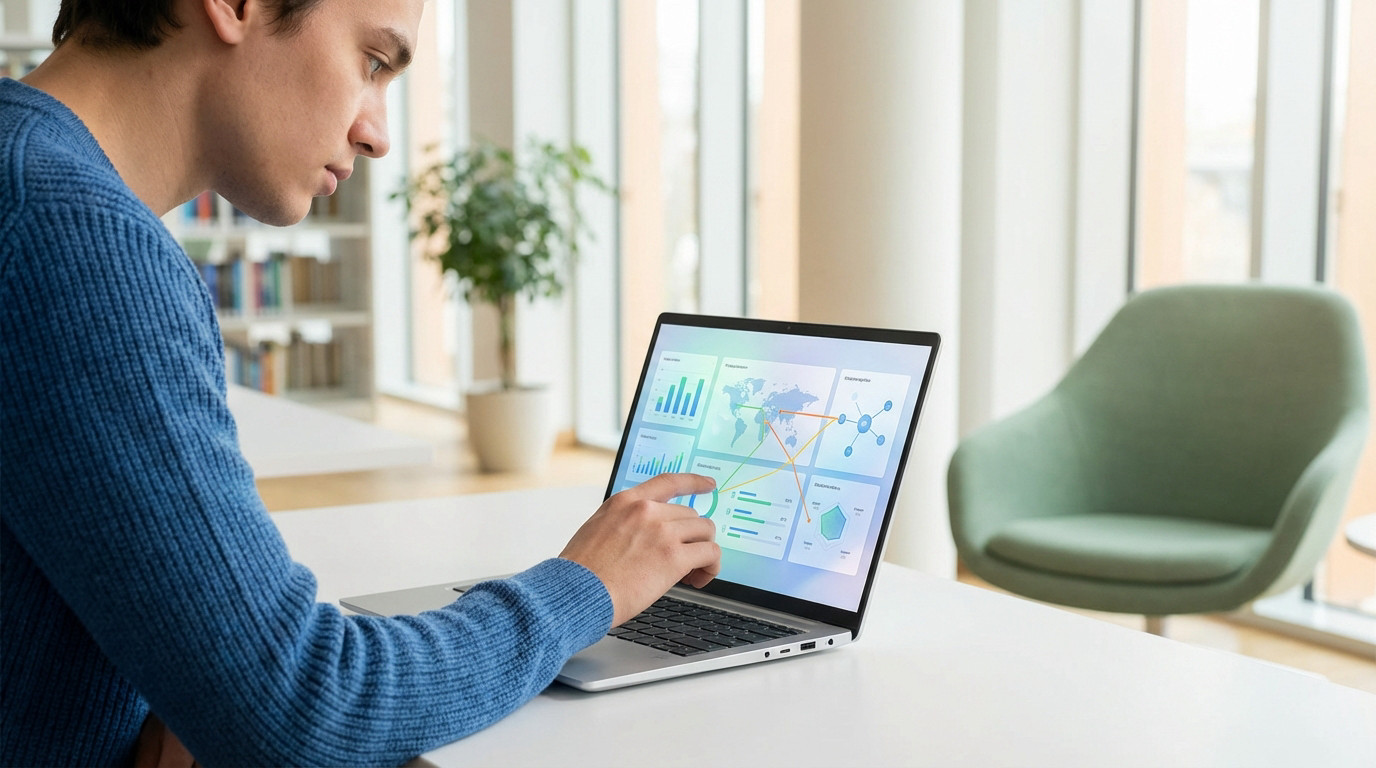 Young man focused on a laptop screen with abstract data visualizations, charts, and a world map in a bright, modern library setting.