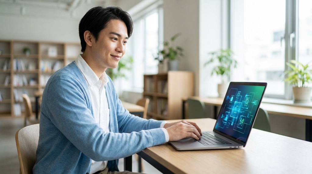 Young man in blue cardigan at a desk, focused on a laptop displaying a glowing blue-green abstract interface. Modern, bright setting.