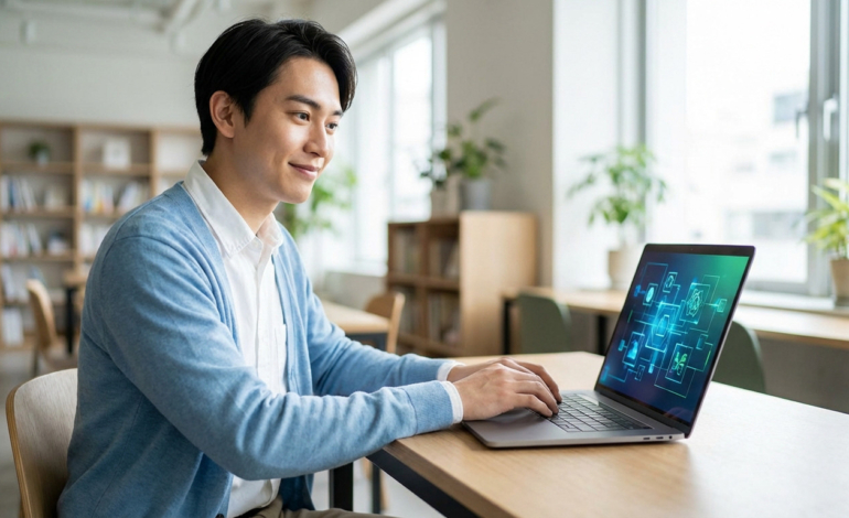 Young man in blue cardigan at a desk, focused on a laptop displaying a glowing blue-green abstract interface. Modern, bright setting.
