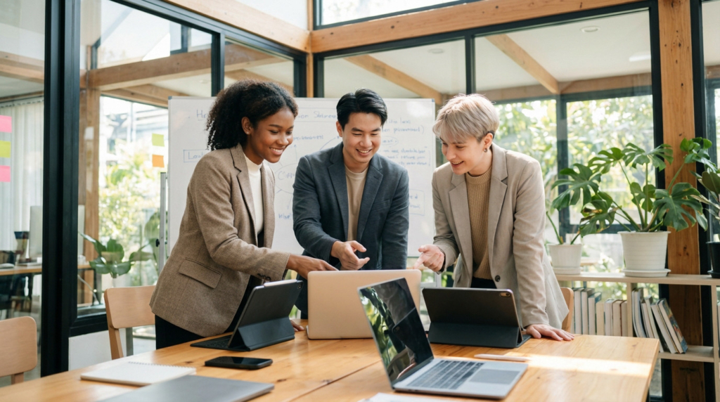 Three diverse young adults collaborate around a laptop in a bright, modern co-working space with plants and large windows.