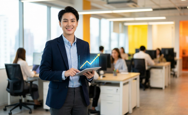 Jeune professionnel souriant en blazer tenant une tablette affichant un graphique de croissance dans un bureau moderne.