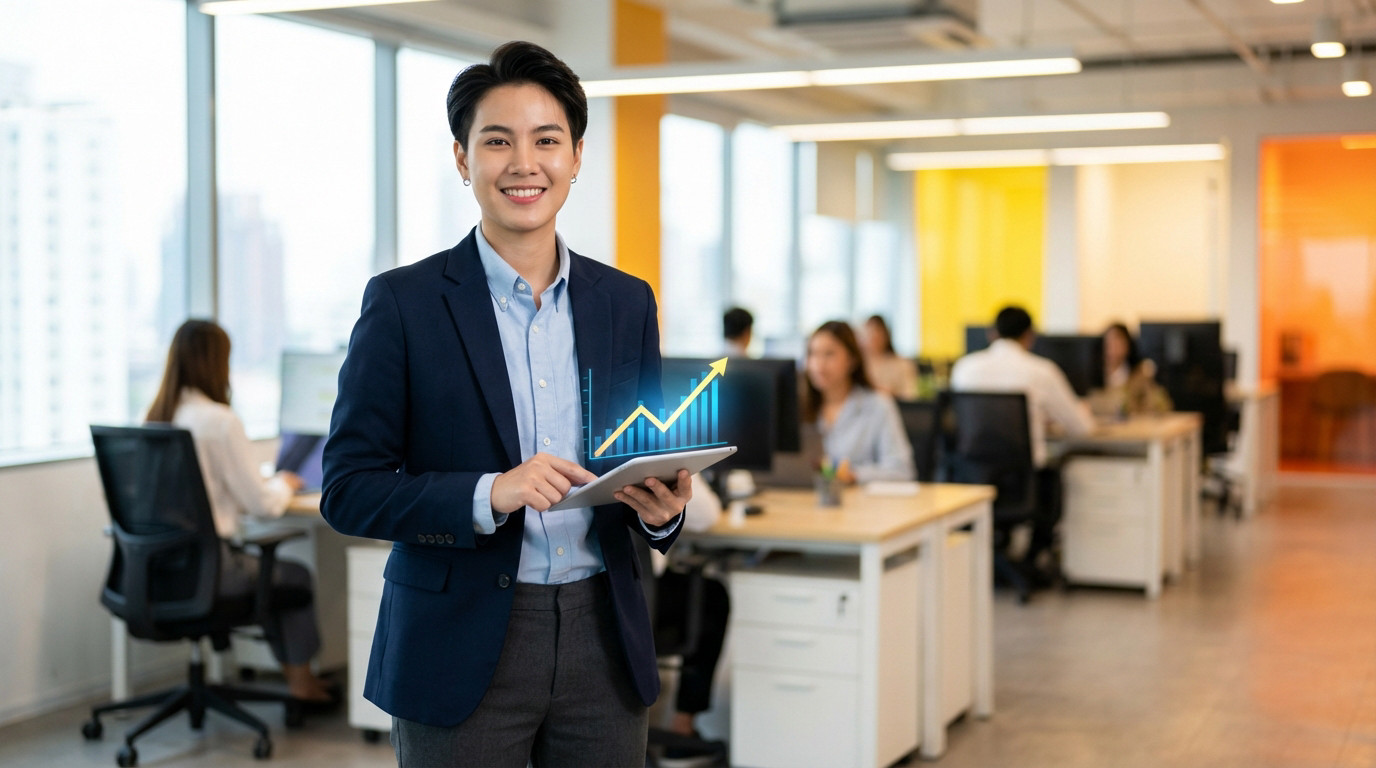 Jeune professionnel souriant en blazer tenant une tablette affichant un graphique de croissance dans un bureau moderne.