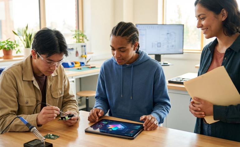 Diverse students in a bright workshop. One solders electronics, another uses a tablet, a third smiles, holding a folder. Vocational learning.