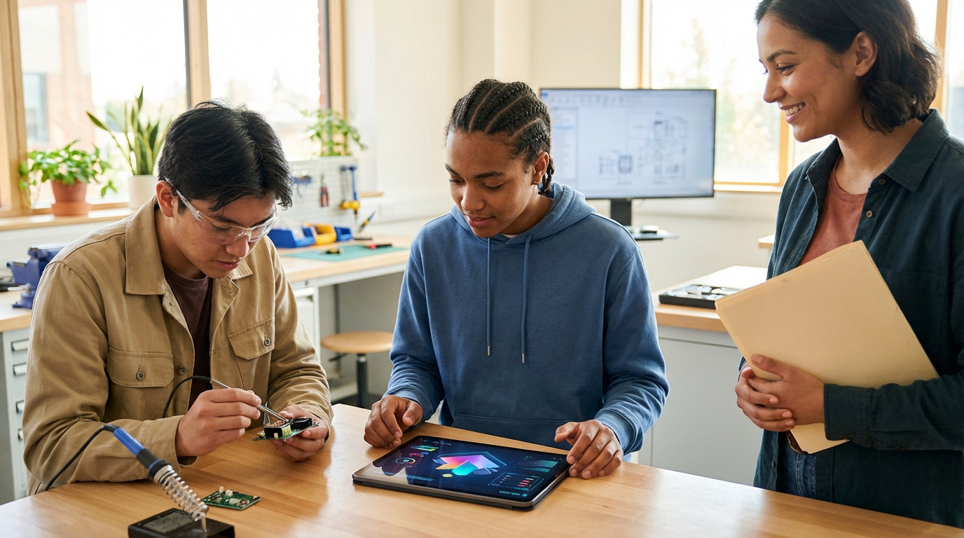 Diverse students in a bright workshop. One solders electronics, another uses a tablet, a third smiles, holding a folder. Vocational learning.