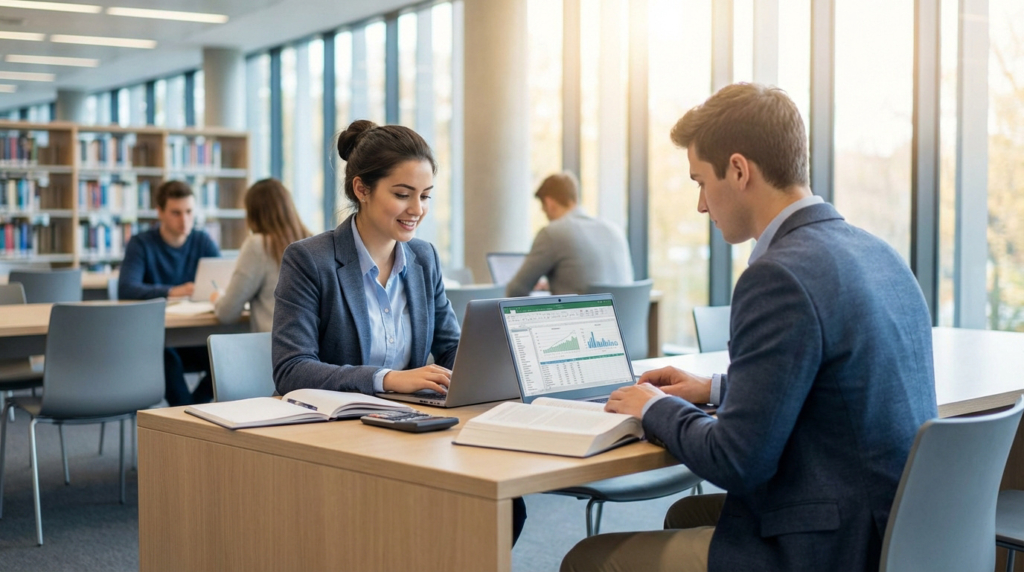 Deux étudiants, un homme et une femme souriante, travaillent à une table dans une bibliothèque moderne. L'écran affiche des graphiques financiers.