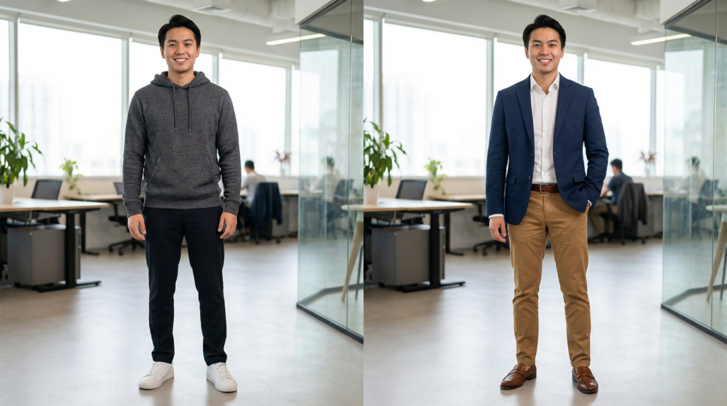 Jeune homme comparant deux tenues de bureau : hoodie gris, pantalon noir et sneakers vs blazer bleu, chino et mocassins.