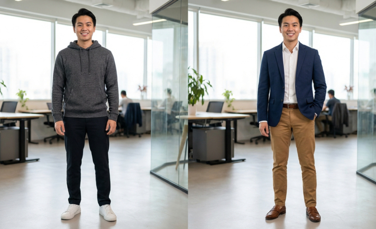 Jeune homme comparant deux tenues de bureau : hoodie gris, pantalon noir et sneakers vs blazer bleu, chino et mocassins.