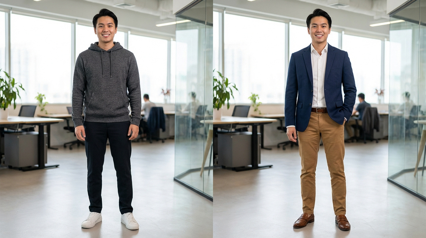 Jeune homme comparant deux tenues de bureau : hoodie gris, pantalon noir et sneakers vs blazer bleu, chino et mocassins.