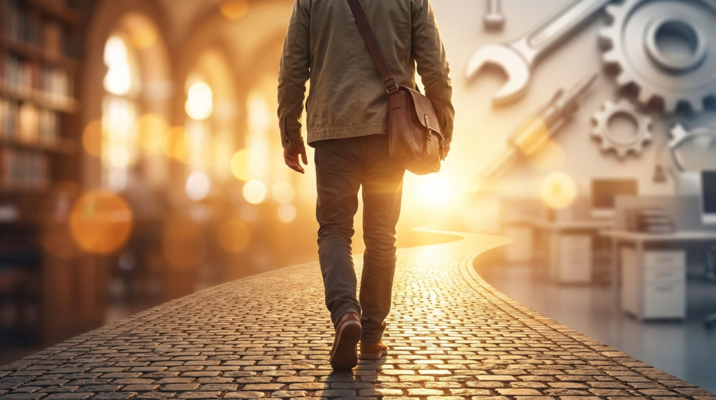 Figure walks confidently on a bright path towards an apprenticeship, with blurred academic and professional settings in the background.