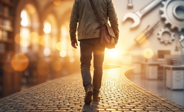 Figure walks confidently on a bright path towards an apprenticeship, with blurred academic and professional settings in the background.