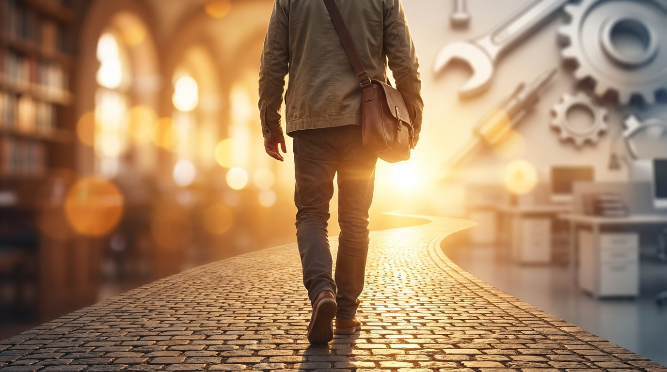 Figure walks confidently on a bright path towards an apprenticeship, with blurred academic and professional settings in the background.