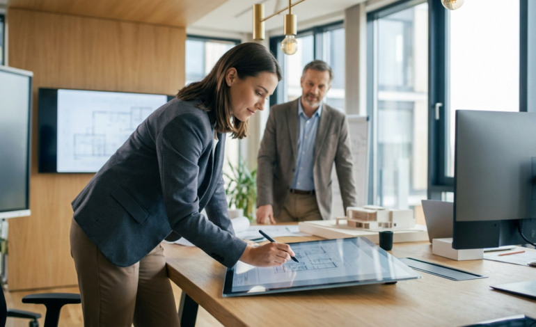 Jeune femme architecte en alternance dessinant un plan sur tablette, mentor observant. Maquette et plans visibles en bureau moderne.