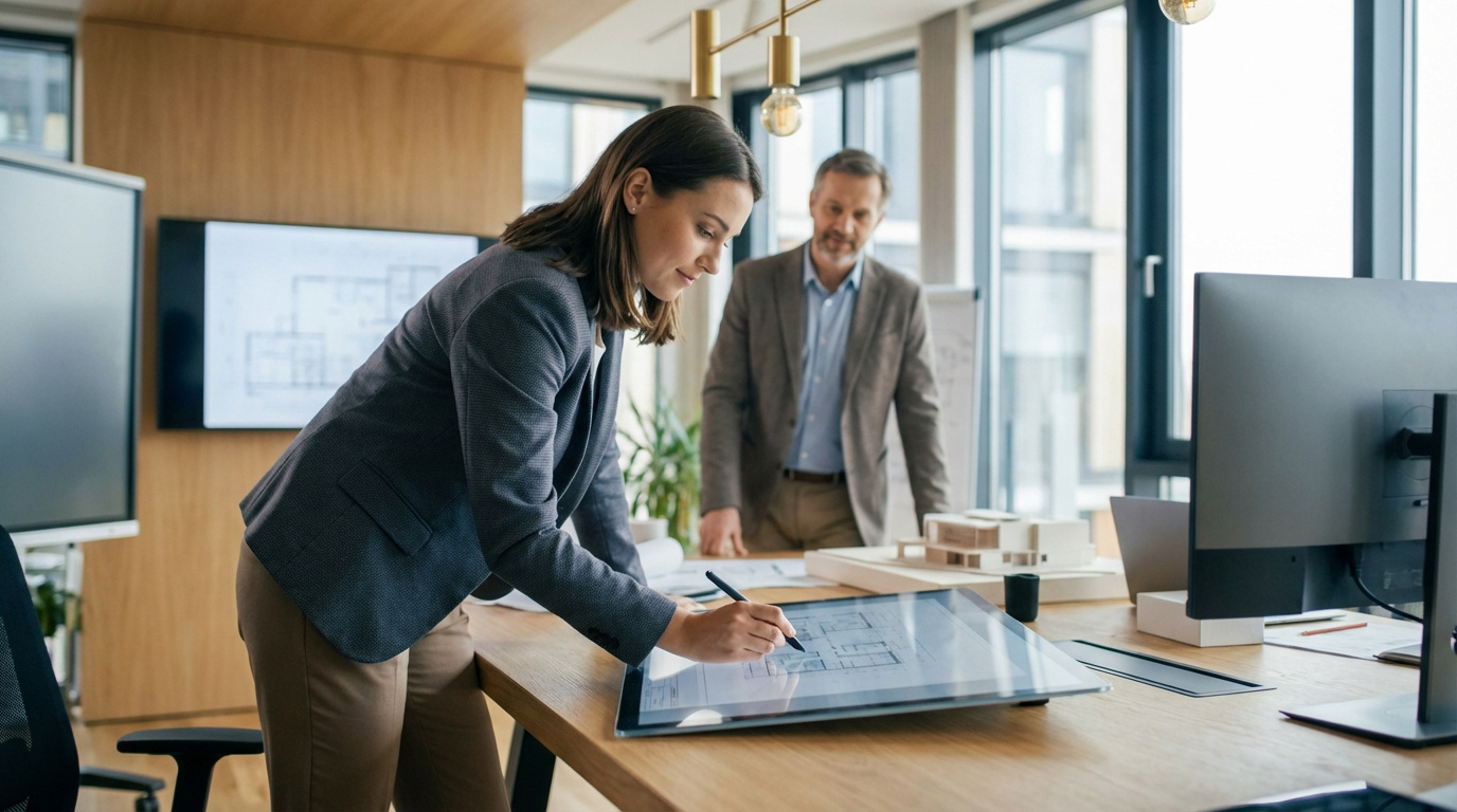 Jeune femme en blazer travaille sur un plan architectural numérique avec un stylet. Un homme en costume la supervise dans un bureau moderne.
