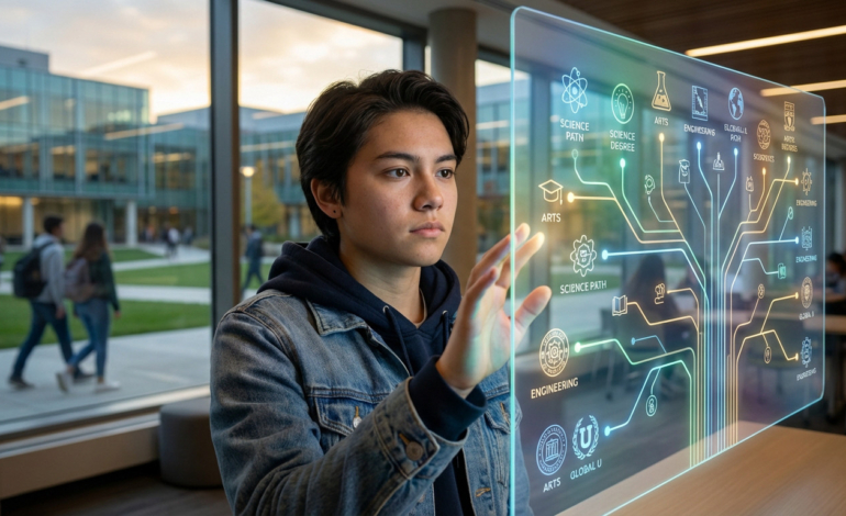 Young adult, thoughtful, interacts with a glowing transparent screen showing university pathways. Blurred modern campus in background.