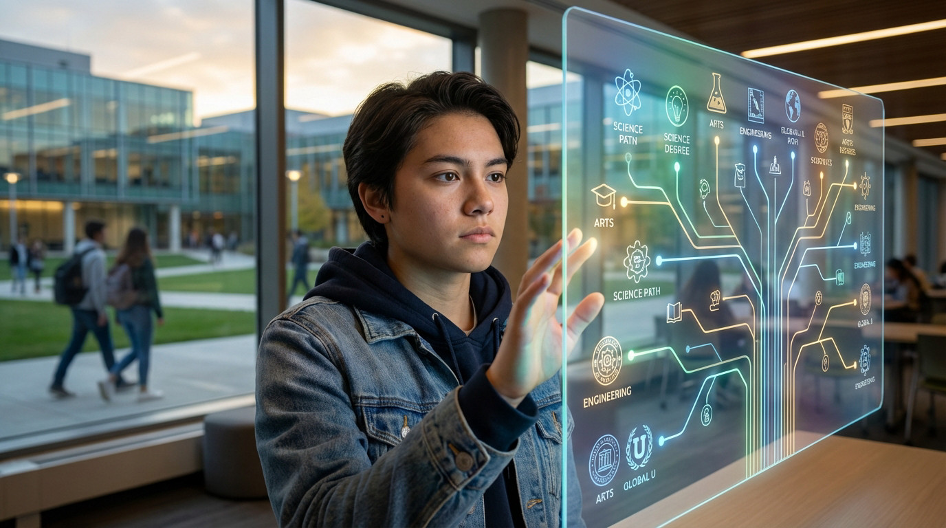 Young adult, thoughtful, interacts with a glowing transparent screen showing university pathways. Blurred modern campus in background.