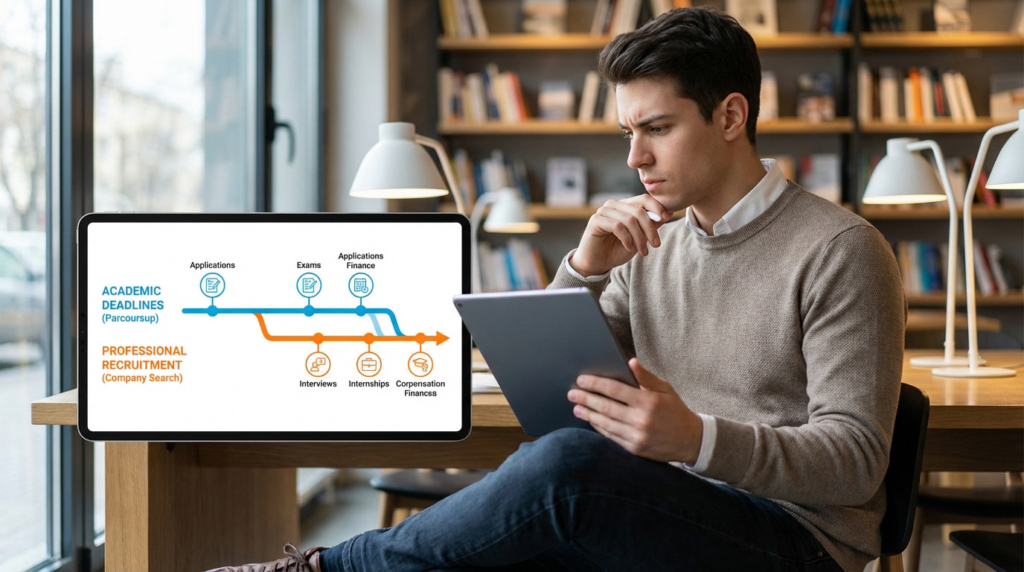 Jeune homme concentré sur une tablette affichant un calendrier numérique avec échéances académiques et pro décalées.