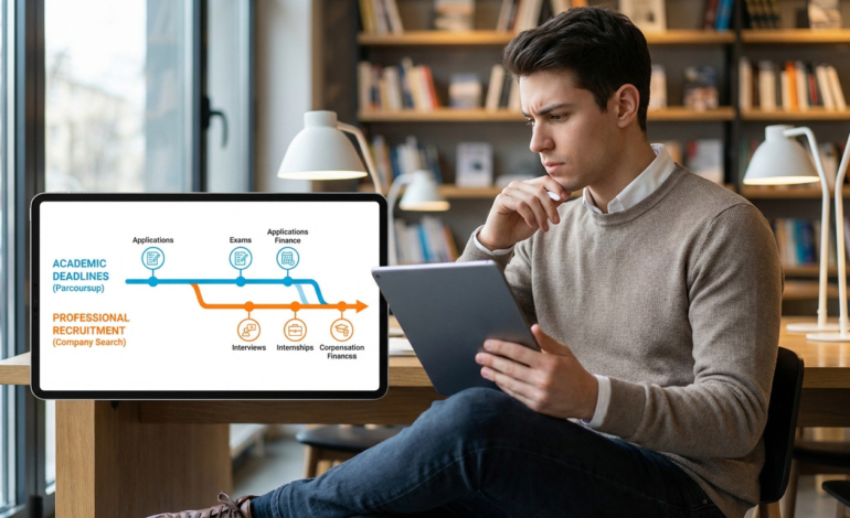 Jeune homme concentré sur une tablette affichant un calendrier numérique avec échéances académiques et pro décalées.