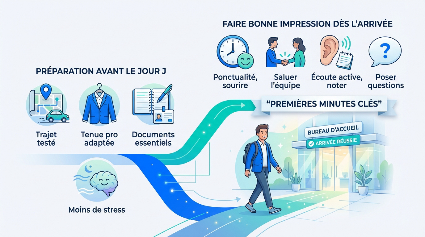 Jeune alternant souriant pour son premier jour en entreprise