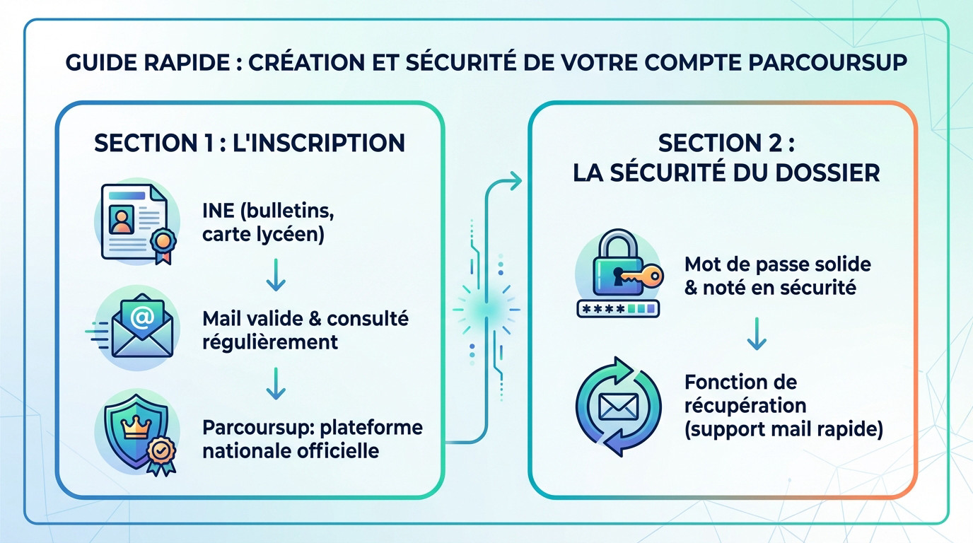 Infographie expliquant les étapes clés pour créer et sécuriser son compte Parcoursup rapidement