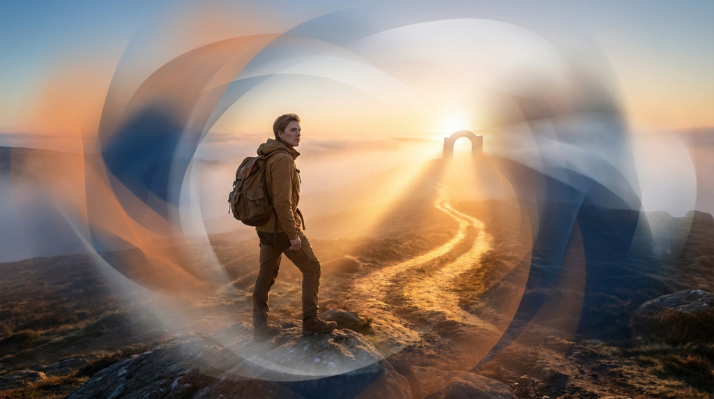 Young adult faces a sunlit path through swirling uncertainty at dawn, heading towards an archway of opportunity.