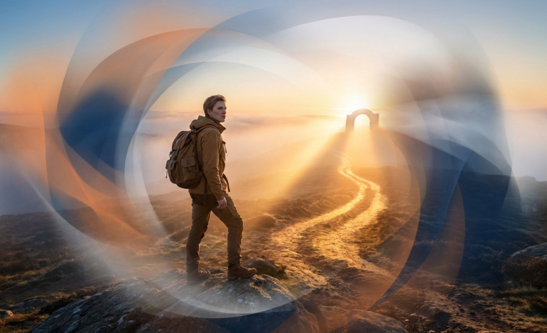 Young adult faces a sunlit path through swirling uncertainty at dawn, heading towards an archway of opportunity.