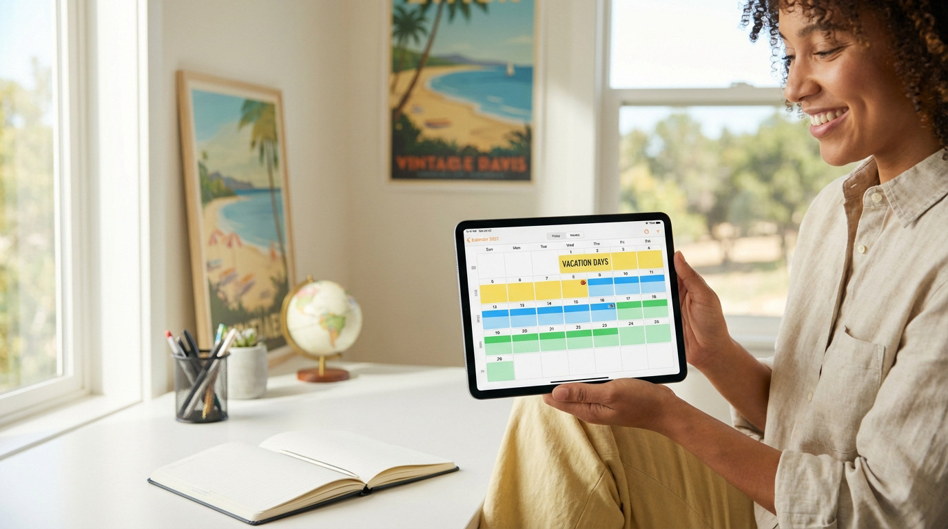 Smiling apprentice plans vacation on a tablet, showing a calendar with highlighted days. Bright office with globe, notebook, travel posters.