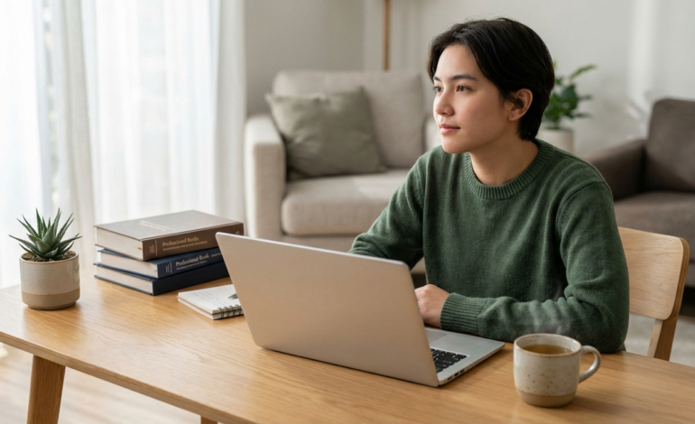 Jeune personne concentrée devant un ordinateur portable, avec des livres et une tasse fumante sur un bureau en bois.