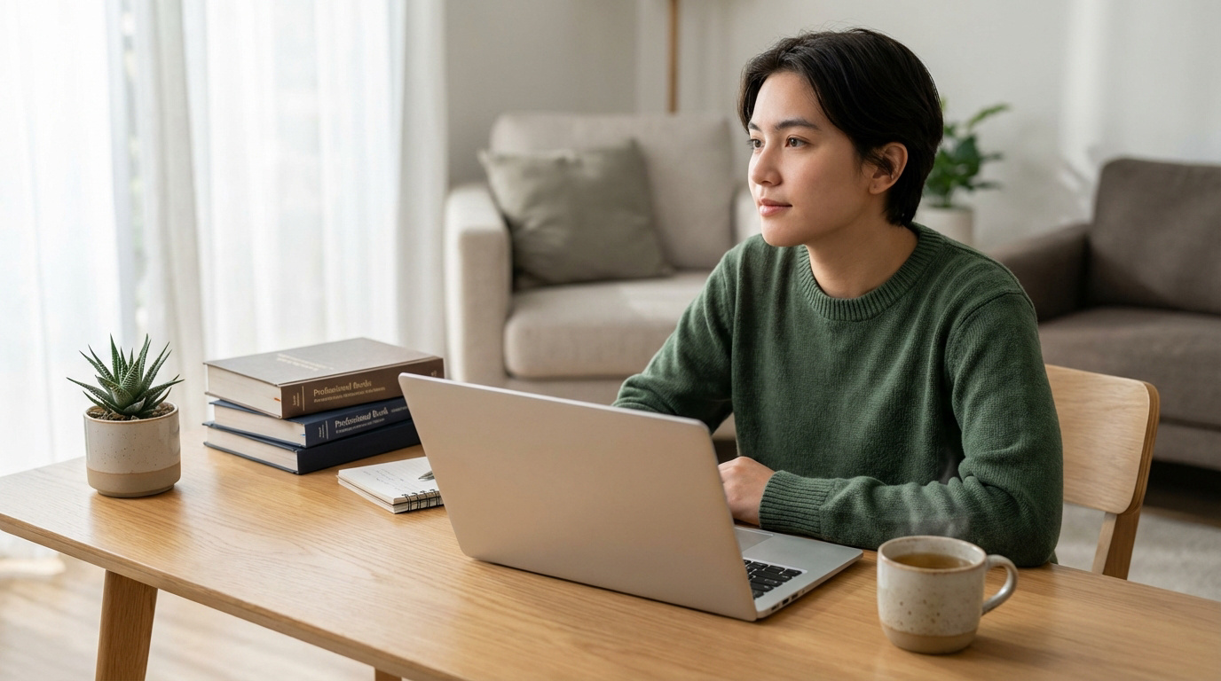 Jeune personne concentrée devant un ordinateur portable, avec des livres et une tasse fumante sur un bureau en bois.
