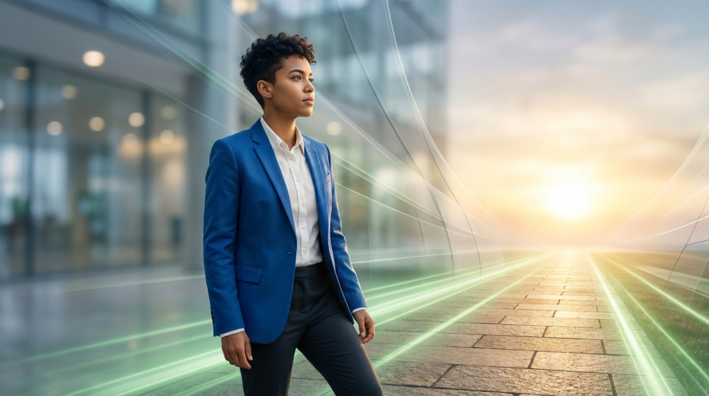 Jeune femme en costume bleu, regardant un horizon lumineux avec des traînées de lumière verte, symbolisant l'avenir et le succès.