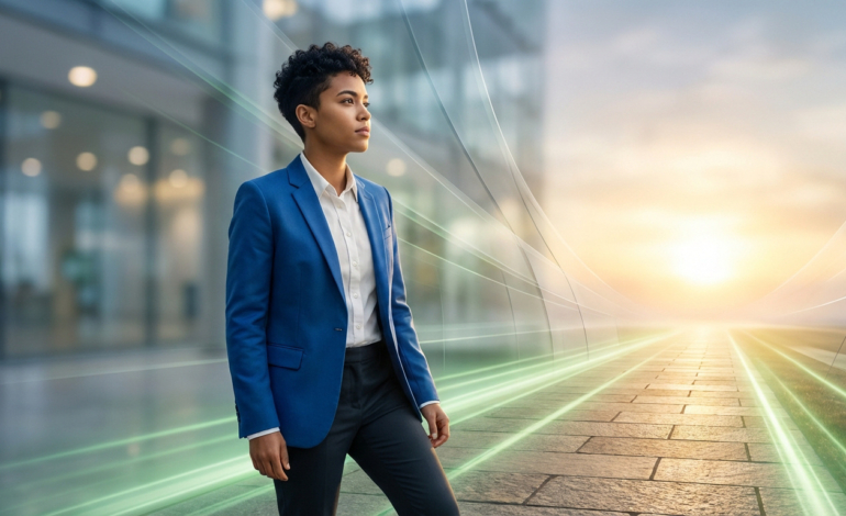 Jeune femme en costume bleu, regardant un horizon lumineux avec des traînées de lumière verte, symbolisant l'avenir et le succès.