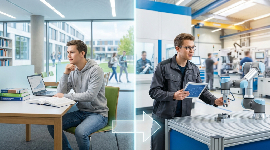 Two paths: A student in a modern academic setting (initial training) and a technician with a robot in a workshop (alternance).