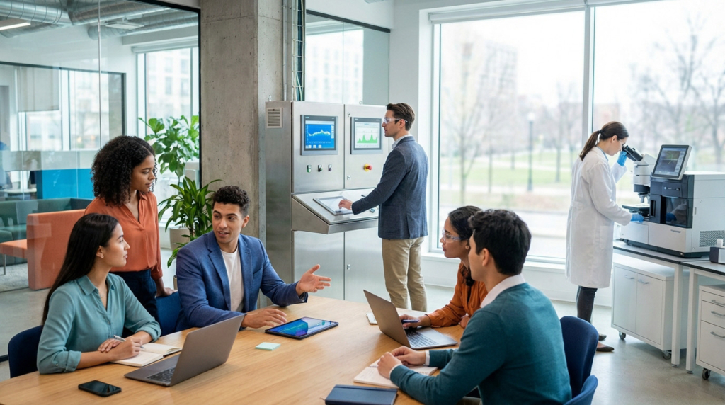 Diverse professionals collaborating at a table, operating an industrial control panel, and using a microscope in a modern, well-lit environment.