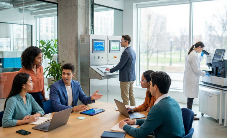Diverse professionals collaborating at a table, operating an industrial control panel, and using a microscope in a modern, well-lit environment.