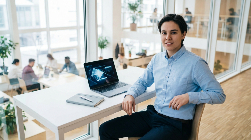 Jeune personne souriante assise à un bureau avec un ordinateur portable et carnet. Autres personnes travaillant en arrière-plan.