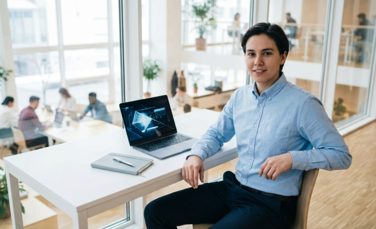 Jeune personne souriante assise à un bureau avec un ordinateur portable et carnet. Autres personnes travaillant en arrière-plan.