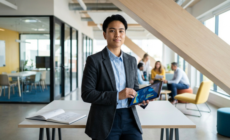 Personne professionnelle tenant une tablette avec graphiques dans un bureau moderne et lumineux. Collègues en arrière-plan flou.
