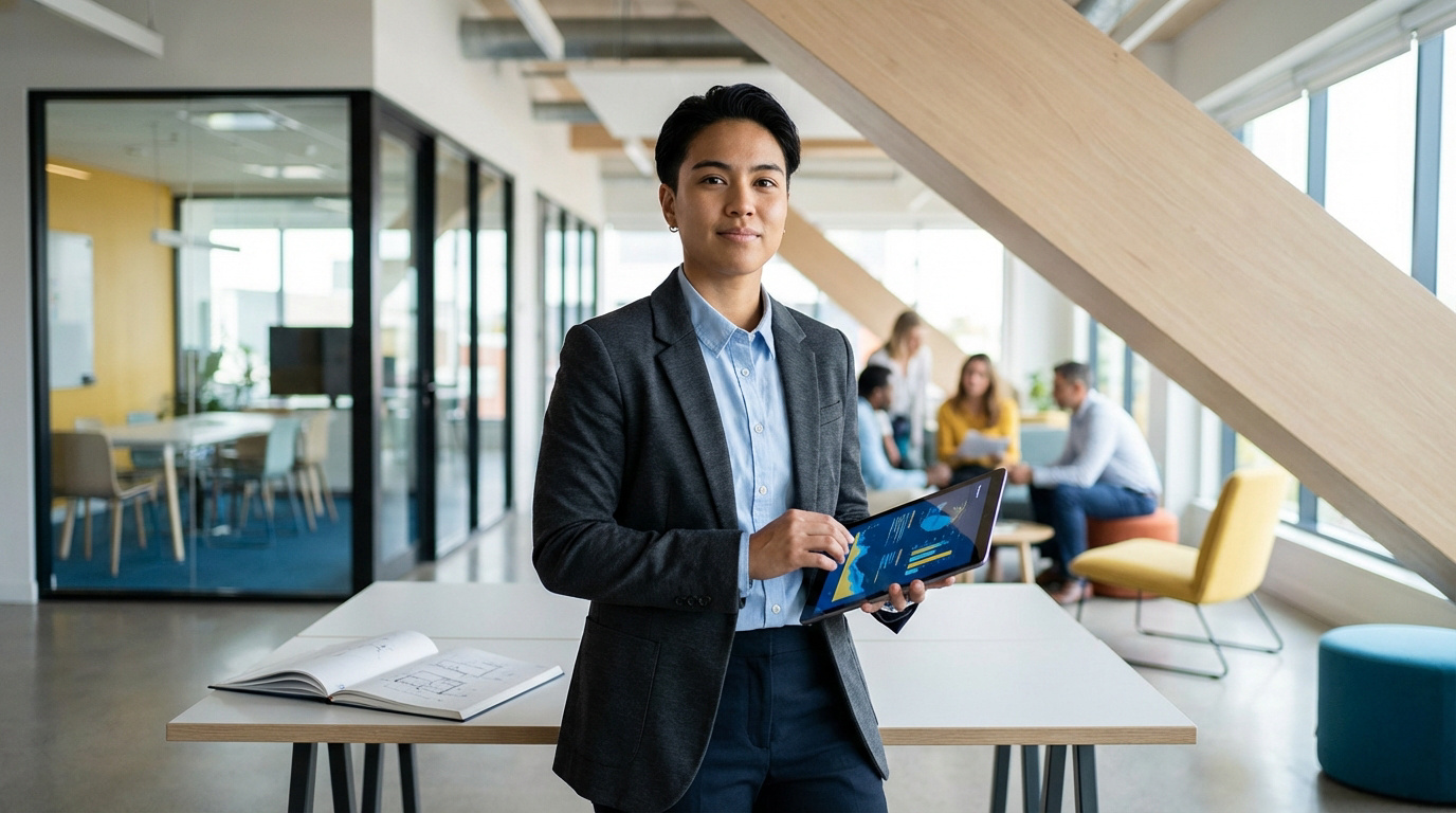 Jeune professionnelle sûre d'elle tenant une tablette avec des graphiques, dans un bureau moderne et collaboratif.