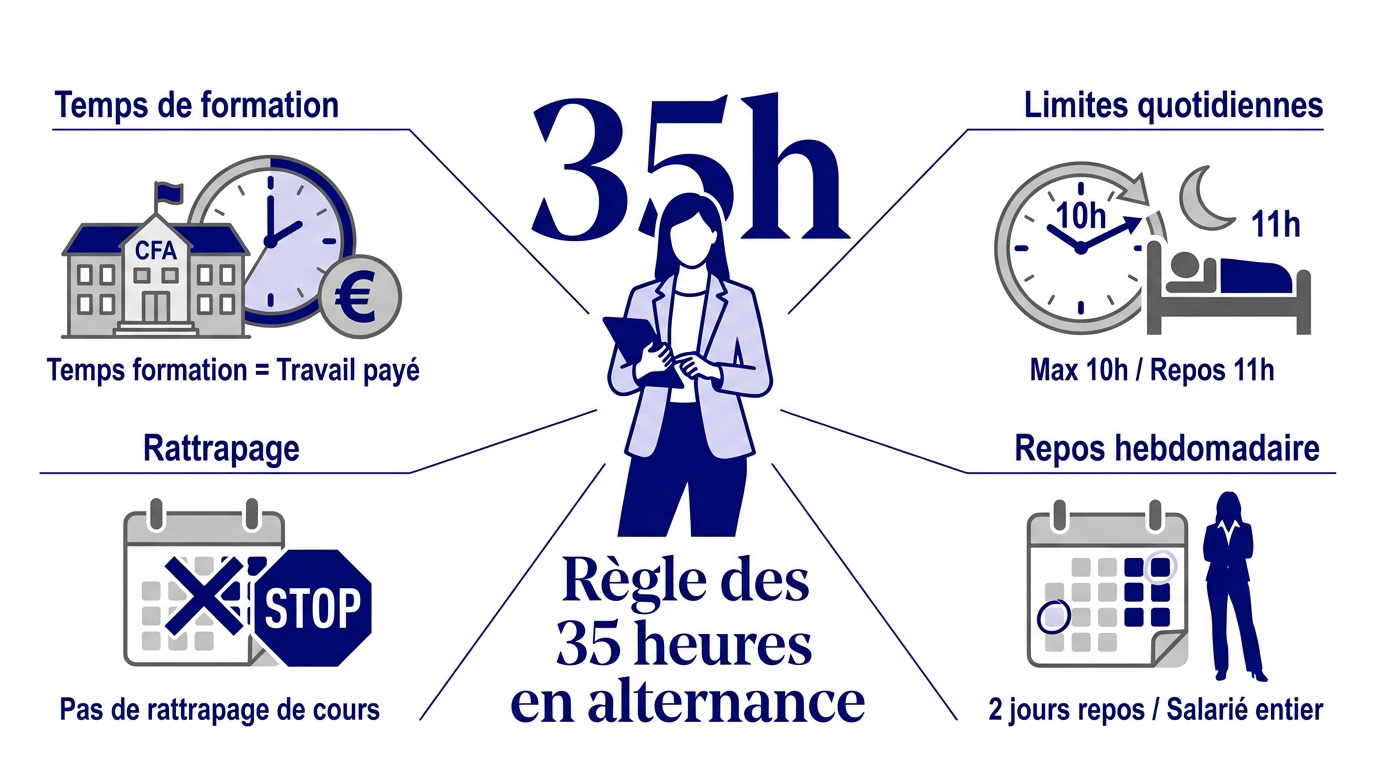 Jeune alternant en entreprise respectant le rythme légal des 35 heures