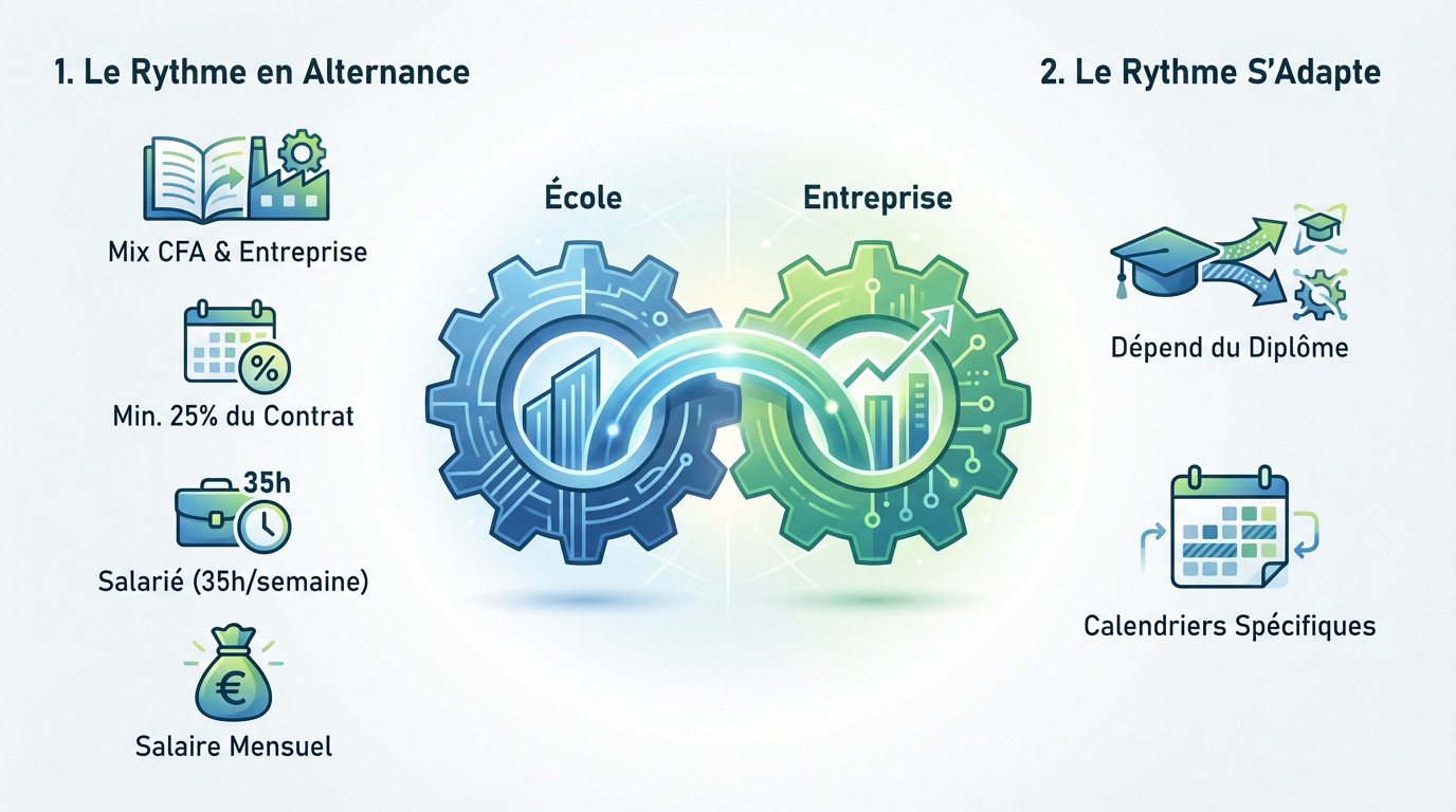 Schéma illustrant la synergie et l'équilibre entre la formation théorique à l'école et la pratique en entreprise pour un alternant