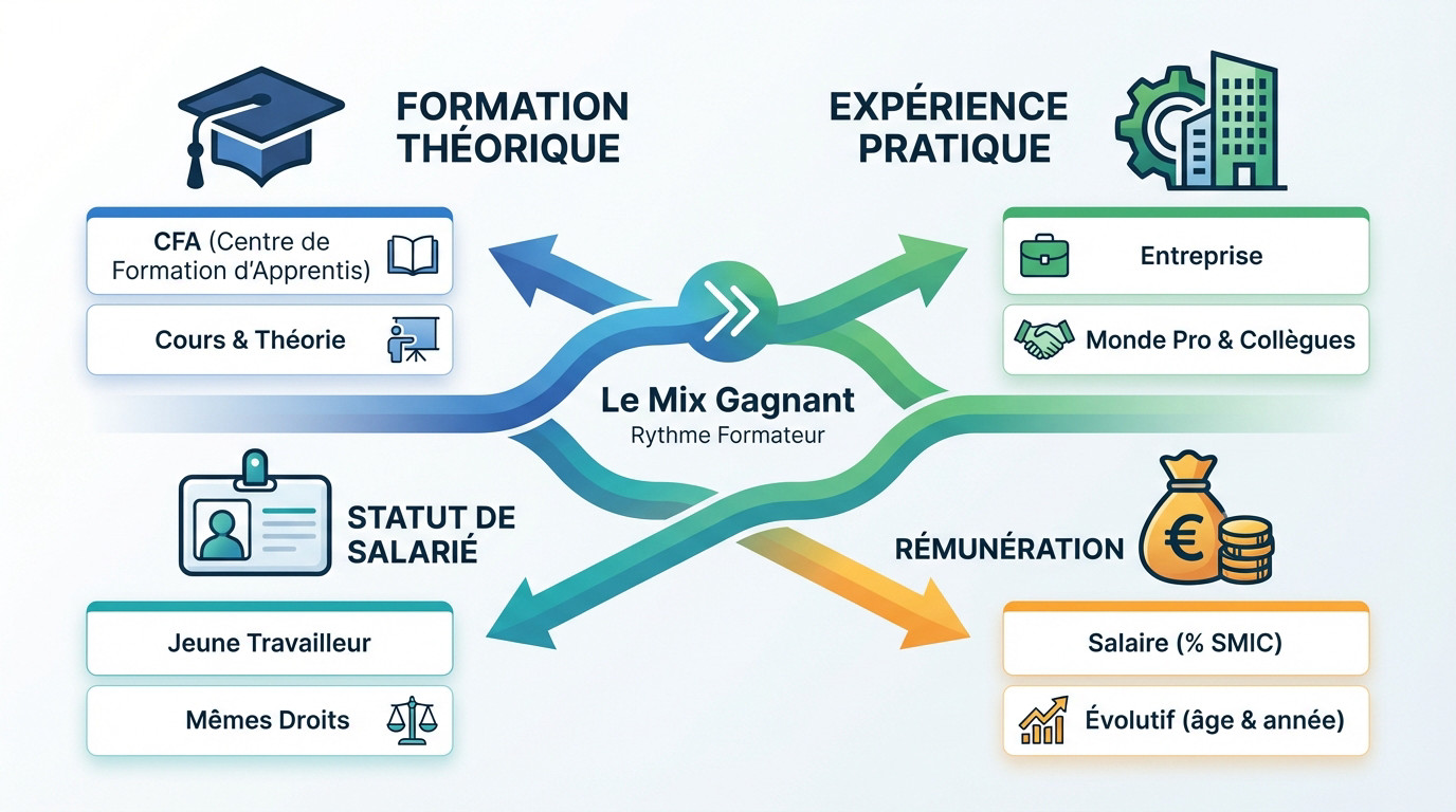 Schéma explicatif montrant l'équilibre entre la théorie au CFA et la pratique en entreprise pour un apprenti