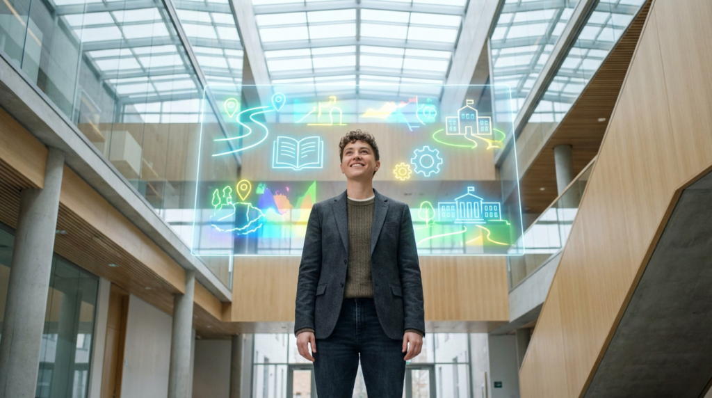 Young adult in modern atrium views glowing holographic display of educational pathways and school icons with optimistic expression.