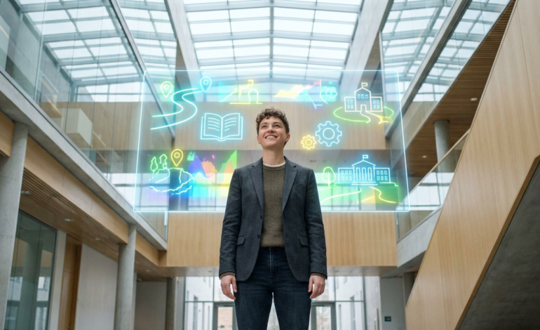 Young adult in modern atrium views glowing holographic display of educational pathways and school icons with optimistic expression.