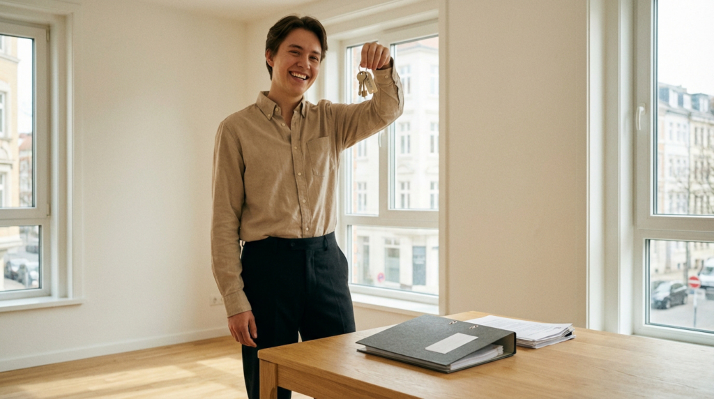 Jeune homme apprenti, souriant, tenant un trousseau de clés dans un appartement vide et lumineux. Des dossiers sont sur la table.