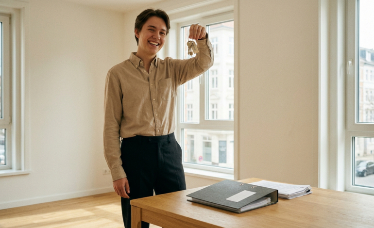Jeune homme apprenti, souriant, tenant un trousseau de clés dans un appartement vide et lumineux. Des dossiers sont sur la table.