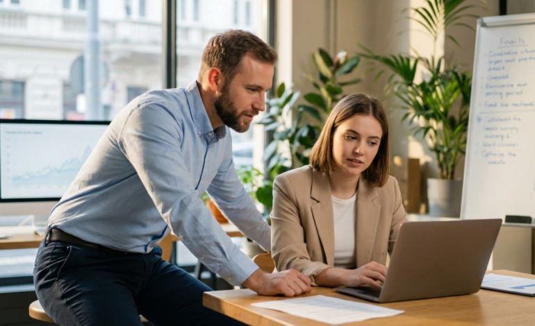 Un homme barbu se penche sur une femme assise tapant sur un ordinateur portable dans un bureau lumineux, devant un tableau blanc.