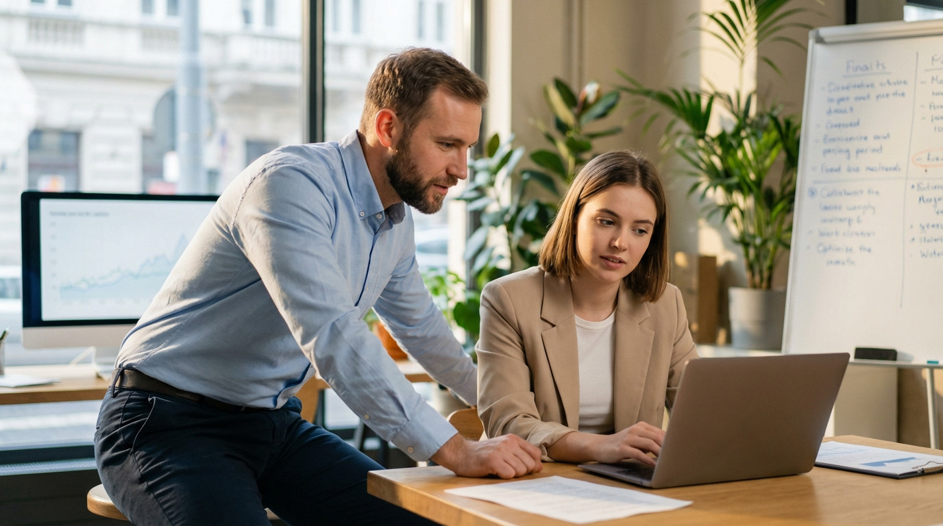 Un homme barbu se penche sur une femme assise tapant sur un ordinateur portable dans un bureau lumineux, devant un tableau blanc.