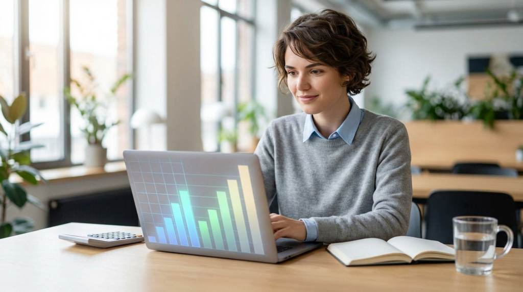 Young woman with thoughtful smile views colorful financial charts on a laptop. Calculator and notebook are on a modern desk in a bright office.