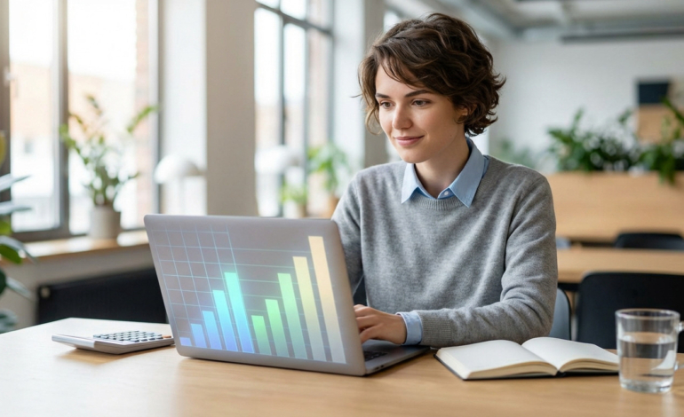 Young woman with thoughtful smile views colorful financial charts on a laptop. Calculator and notebook are on a modern desk in a bright office.