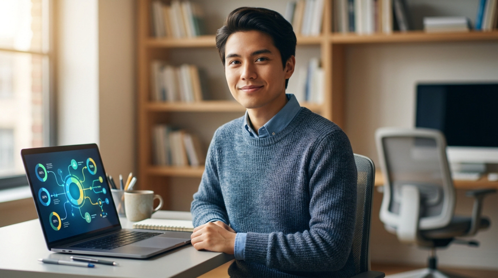 Young man smiling, at a desk with a laptop displaying colorful UI for career choices. Blurry study/office background. Parcoursup/apprenticeship theme.