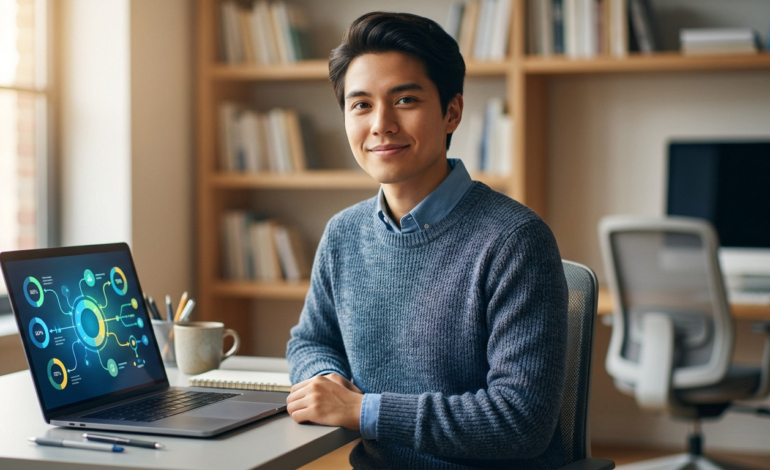 Young man smiling, at a desk with a laptop displaying colorful UI for career choices. Blurry study/office background. Parcoursup/apprenticeship theme.